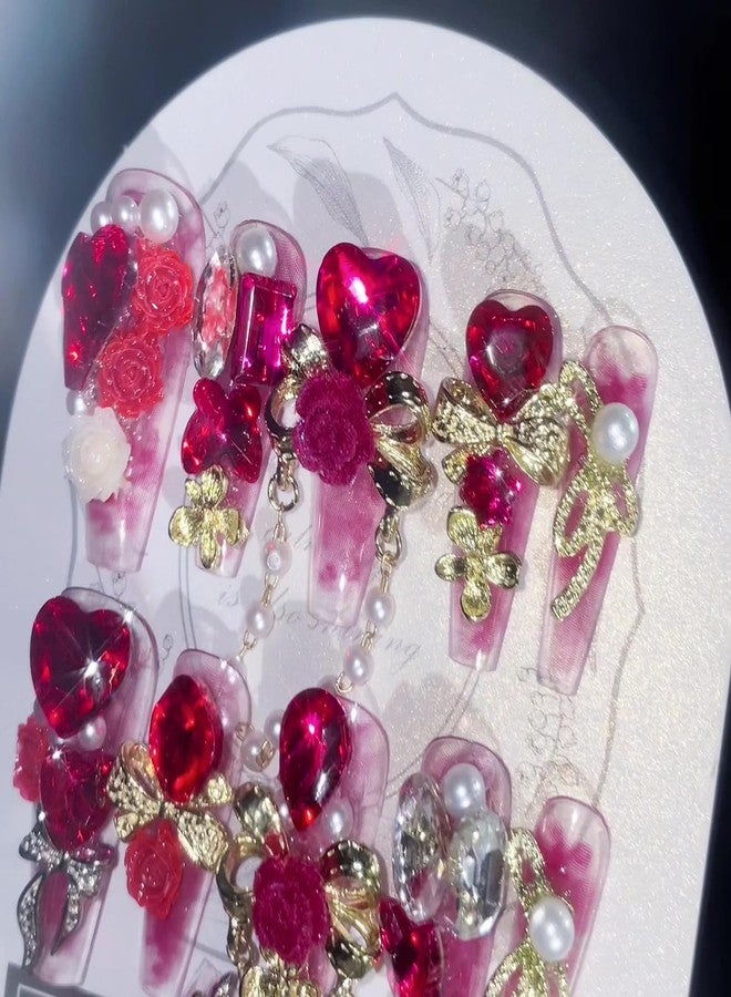 SINHOT Luxury Press on Nails - Long Coffin Fake Nails 3D Handmade Cute Pink Reusable False Nails with Rhinestone Designs,DIY Artificial Nail Art, 24pcs - Image 2